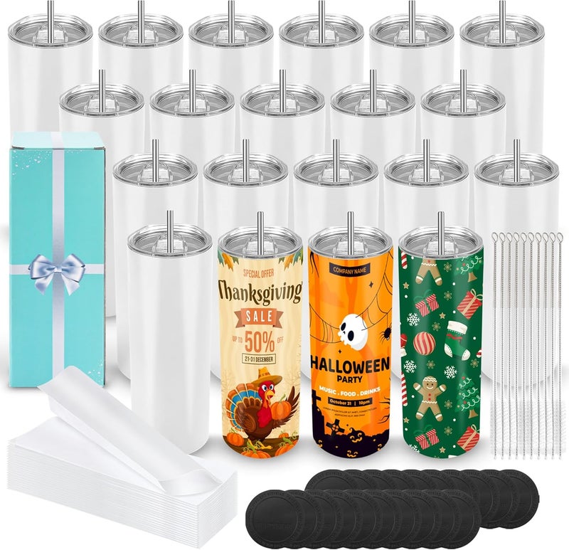 DS 20 Pack Sublimation Tumblers 20 oz Bulk Skinny Straight Flat Bottom Blank Tumbler Cups with Individual Gift Boxed for Heat Transfer DIY Craft - Image 1
